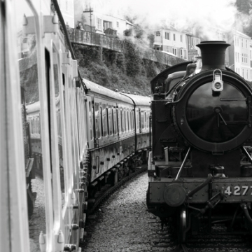 Black and white steam train near Dartmouth